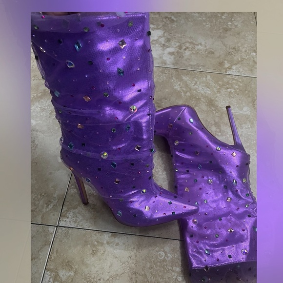 Purple pointy toe stiletto lace rhinestone boots - Picture 4 of 5